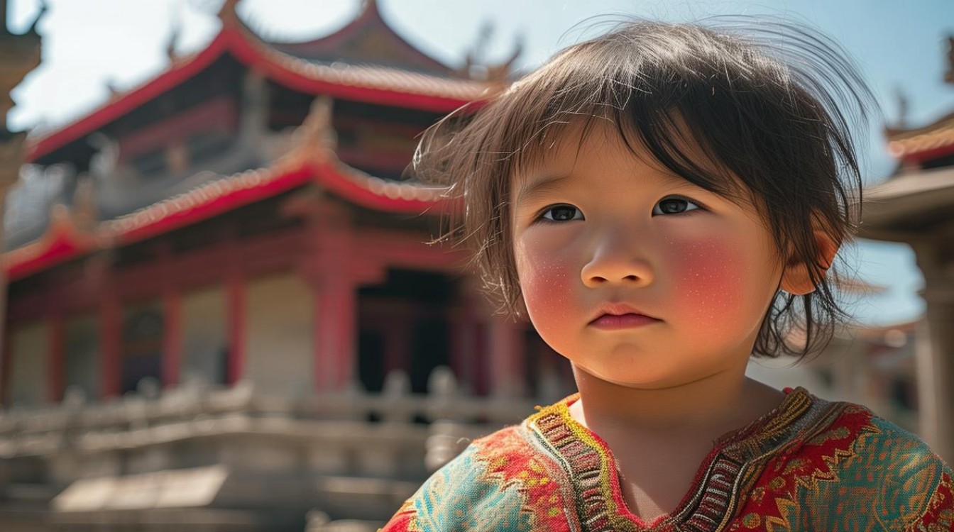 小孩在寺庙敲了法器