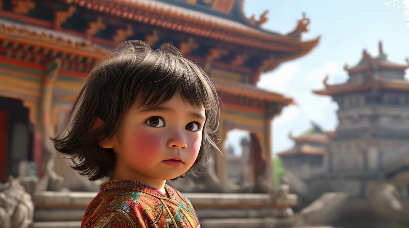 小孩在寺庙敲了法器