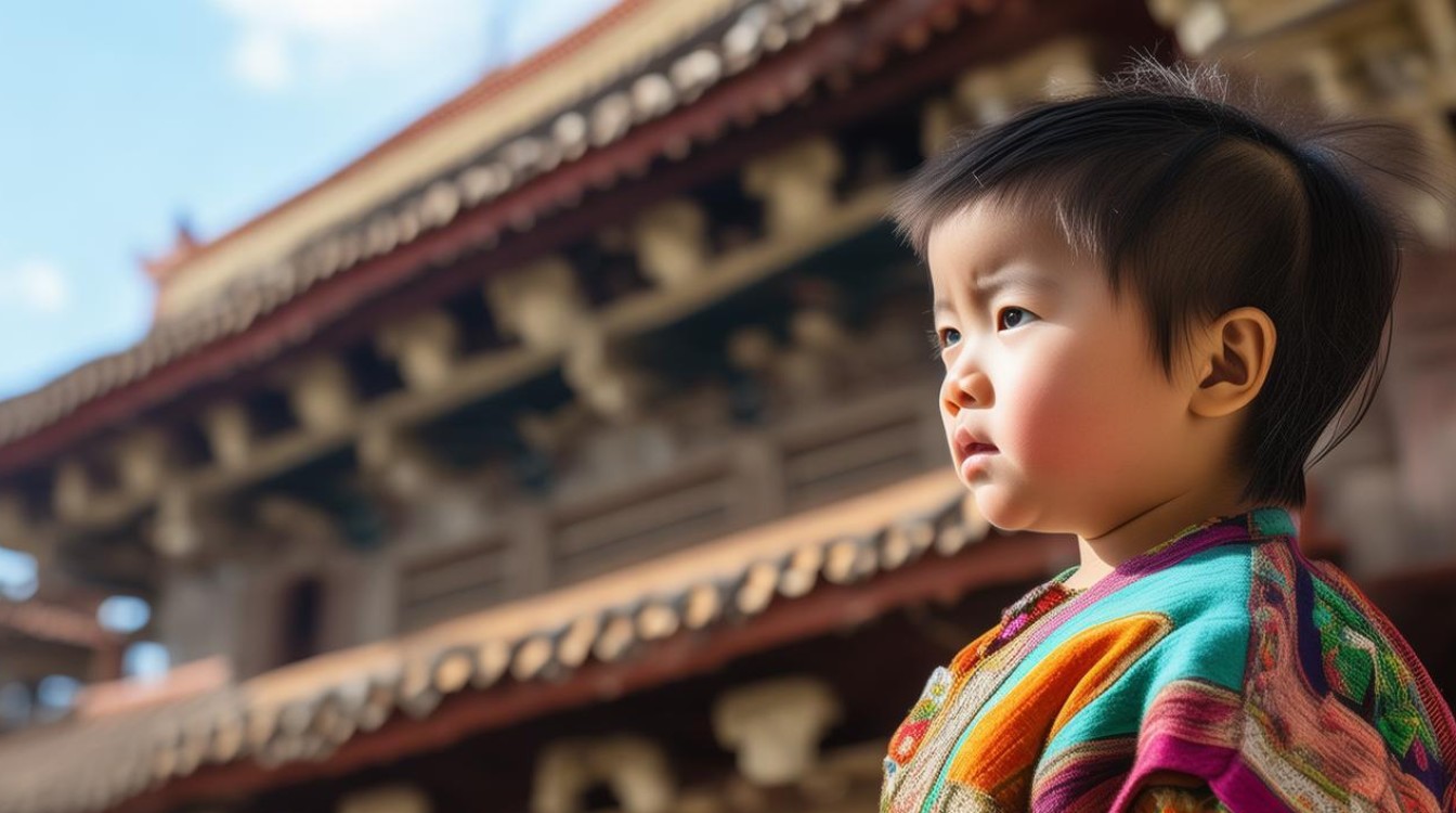 小孩在寺庙敲了法器