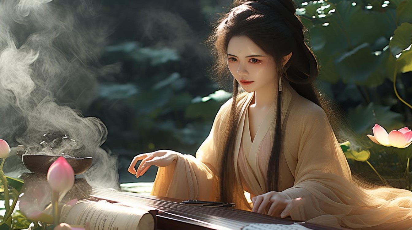 焚香抚琴的菩萨