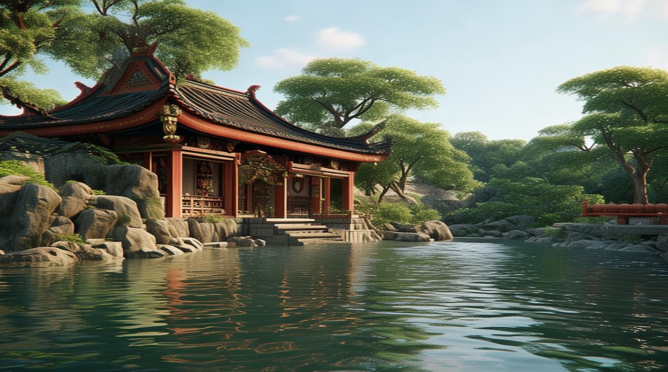 三面环水寺庙