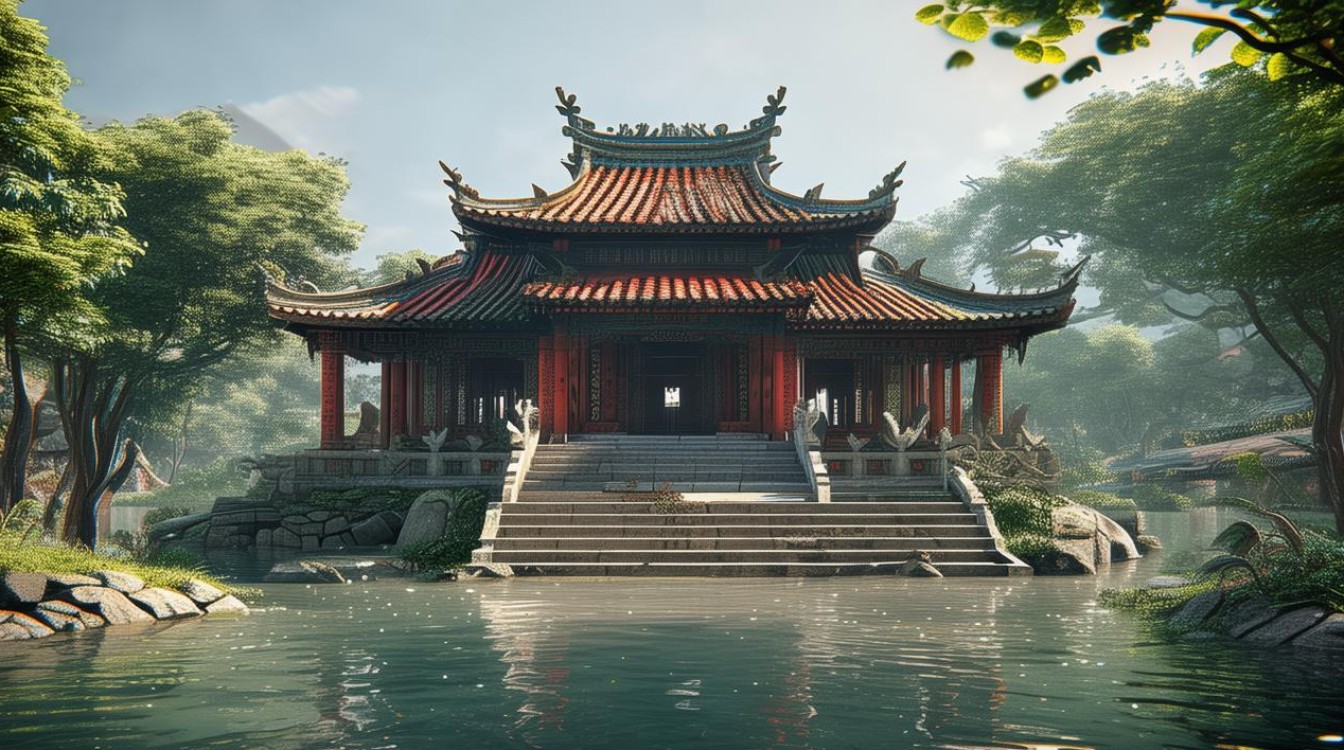 三面环水寺庙