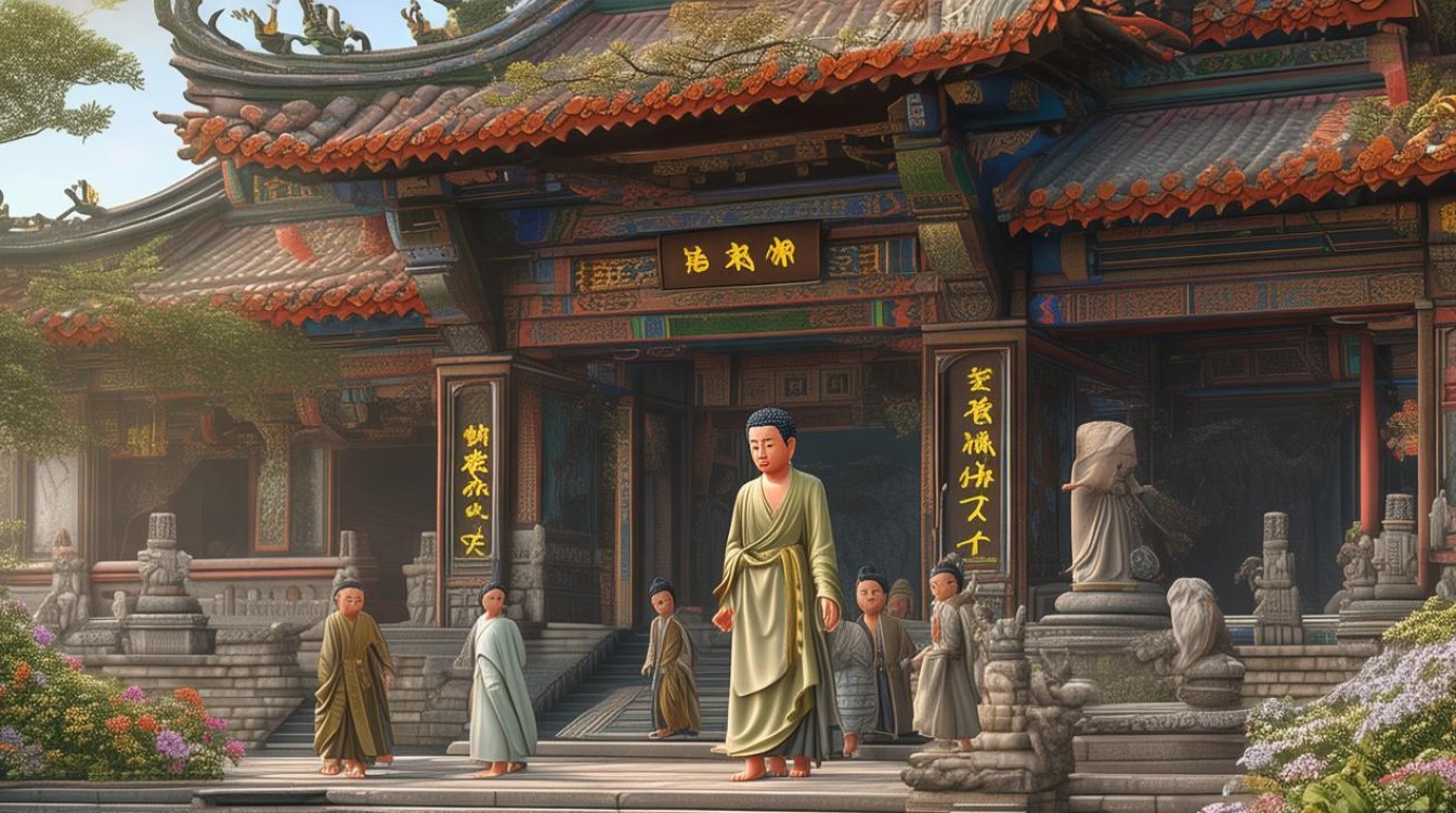 佛带领弟子走出寺庙