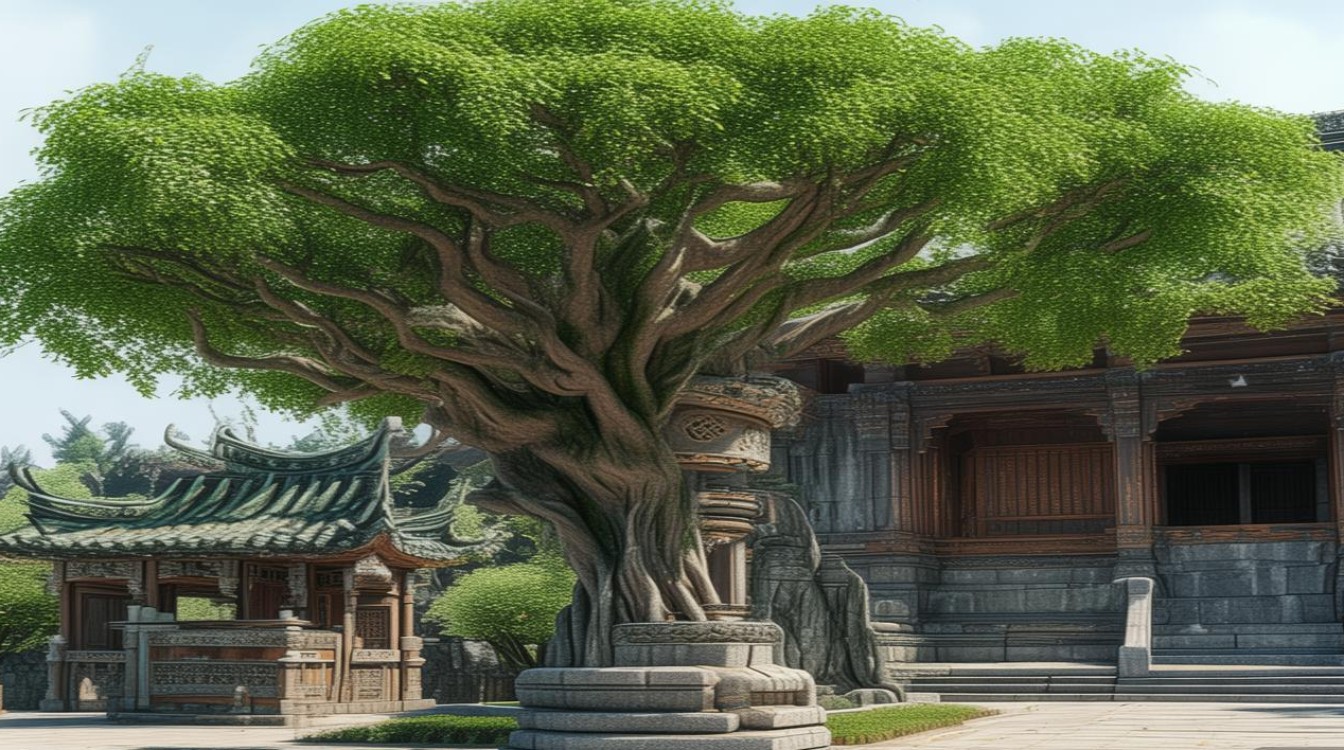 寺庙前面有榕树水井