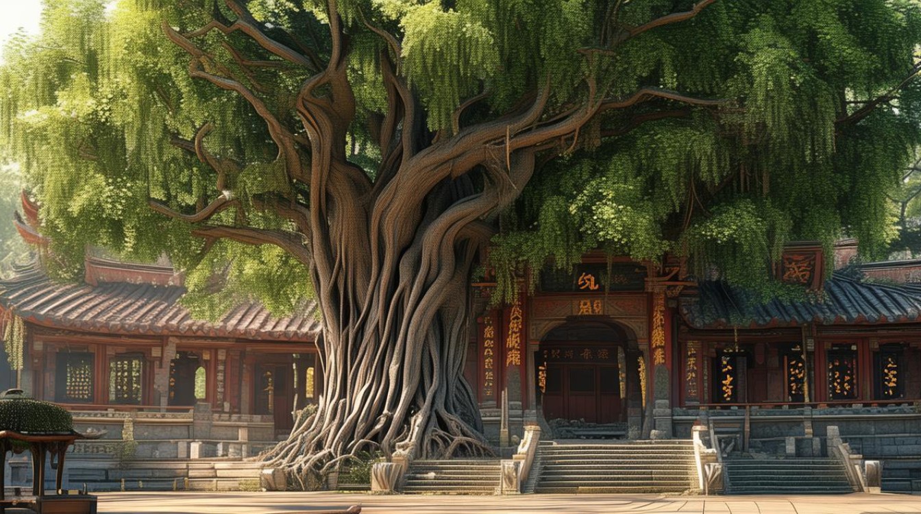 寺庙前面有榕树水井