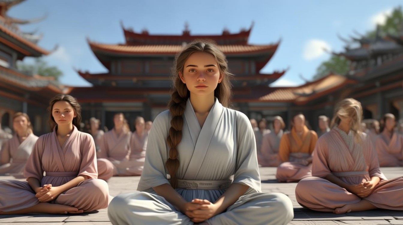 女生寺庙共修图