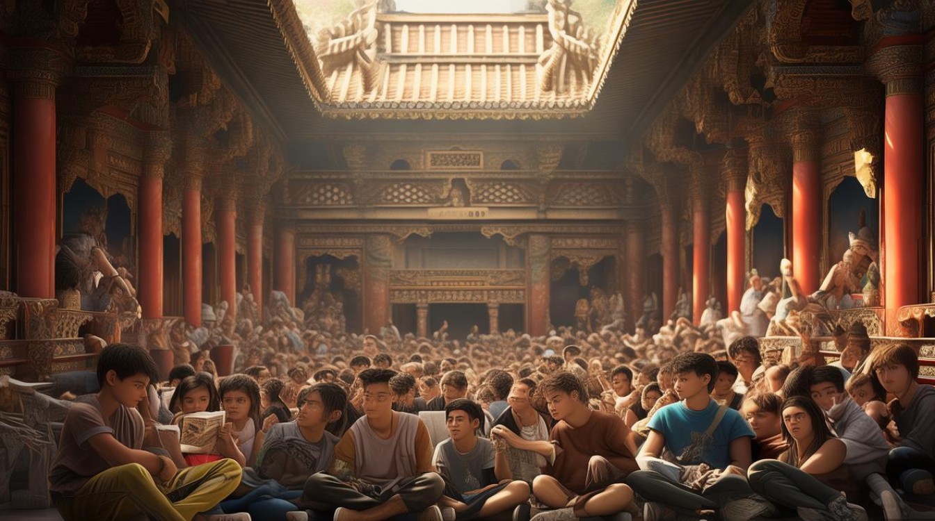 近百青年在寺庙