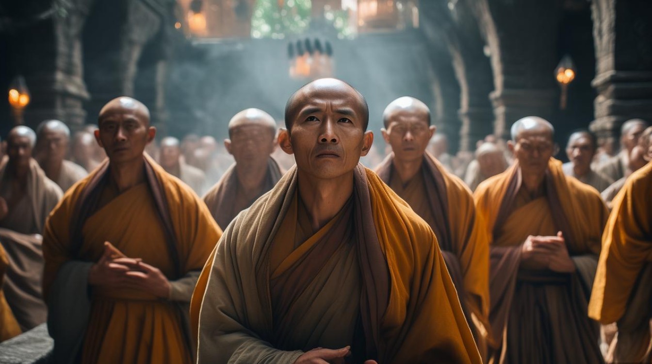 赶上寺庙的僧人诵经